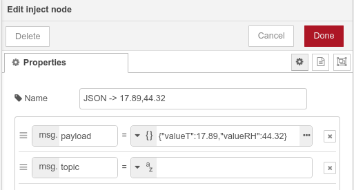 Edición del nodo inject para generar datos de tipo JSON