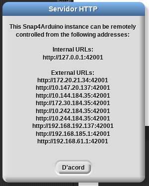 Finestra d'activació del servidor HTTP a Snap4Arduino